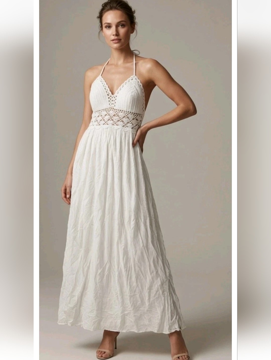 New Triangle Crochet White Backless Summer Beach Maxi Dress Halter Minimalist M